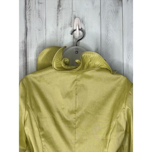 SAMUEL DONG LIME GREEN CHARTREUSE BUTTON UP WIRED RUFFLE COLLAR STRETCH SHIRT S - Picture 8 of 15